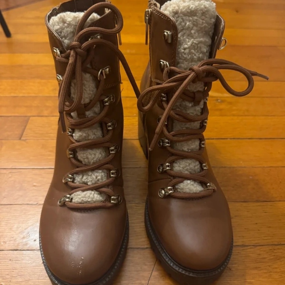 Tommy Hilfiger Brown Lace-Up Faux Shearling Ankle Booties